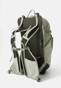 Zaino verde con spallacci regolabili, pannello posteriore in rete per ventilazione e molteplici tasche. Realizzato in materiale sintetico durevole.