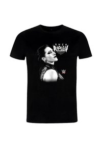 Sort bomulds-T-shirt med et monokromt billede af Rhea Ripley, med stiliseret tekst over billedet og WWE-logoet under.