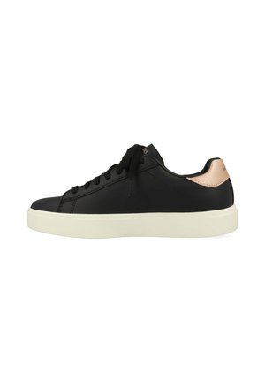 Black leather sneaker with a rounded toe, white sole, black laces, and a metallic rose gold accent on the heel. Smooth texture overall.