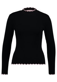 Černý žebrovaný svetr s dlouhými rukávy, zdobený růžovým vlnkovaným lemem u výstřihu a spodního okraje. Celý hladký na dotek.