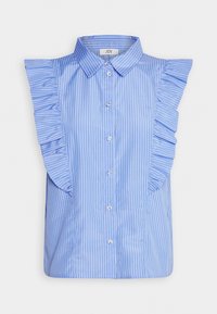 Blusa senza maniche a righe blu chiaro con spalline arricciate, chiusura con bottoni e colletto. Texture del tessuto liscia.