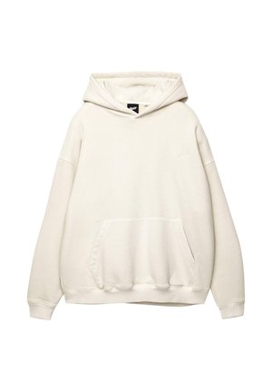 Felpa beige chiaro realizzata in tessuto morbido, con tasca anteriore a soffietto, cappuccio con lacci e polsini ribattuti sulle maniche e sull'orlo.