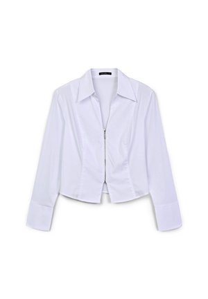 Weißes verkürztes Hemd mit einem Reißverschluss vorn, langen Ärmeln und einem klassischen Kragen. Glatte Textur mit strukturierten Nähten und einer enganliegenden Passform.