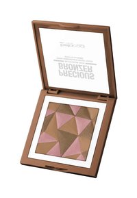 Compact di bronzer con un motivo geometrico nei toni di rosa, marrone e beige. Il contenitore è marrone con un interno bianco e specchio.
