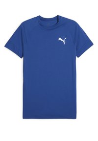 Modrá tričko s krátkým rukávem vyrobené z hladké látky, s bílým logem Puma na oblasti hrudi a raglánovými rukávy pro zvýšené pohodlí.