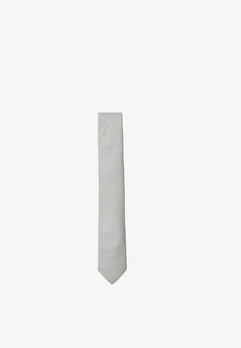 Cravate homme gris clair avec un subtil petit motif à carreaux, présentée à plat sur un fond blanc.