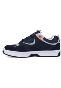 Blue athletic shoe with a smooth upper, gray accents, and white sole. Features mesh panels for breathability and textured details.