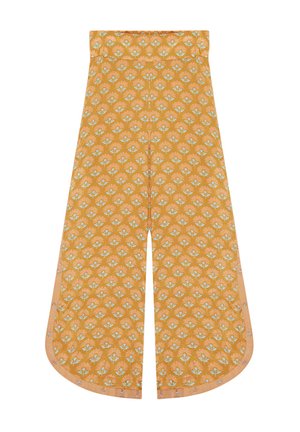Pantalones de pierna ancha de color naranja con un patrón floral, con una textura suave y una cintura en la parte superior. Dobladillos redondeados en las piernas.
