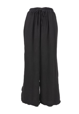 Schwarze, locker sitzende Hosen aus strukturiertem Stoff mit elastischem Bund und verstellbarem Kordelzug. Mit weiten Beinen für mehr Komfort.