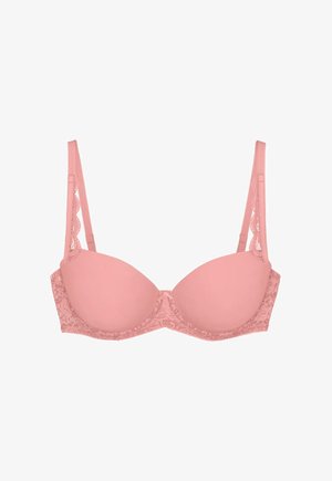 Rozi grudnjak s podstavom, s čipkastim detaljima na košaricama i podesivim naramenicama, dizajniran za podršku i ženstveni stil.