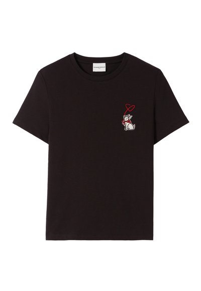 T-shirt en coton noir avec un petit design brodé d'un chien portant une écharpe rouge, avec un cœur au-dessus. Manches courtes et col rond.
