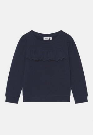 Marineblå langærmet sweatshirt til piger med rund hals og flæset blonde detaljer over brystet.