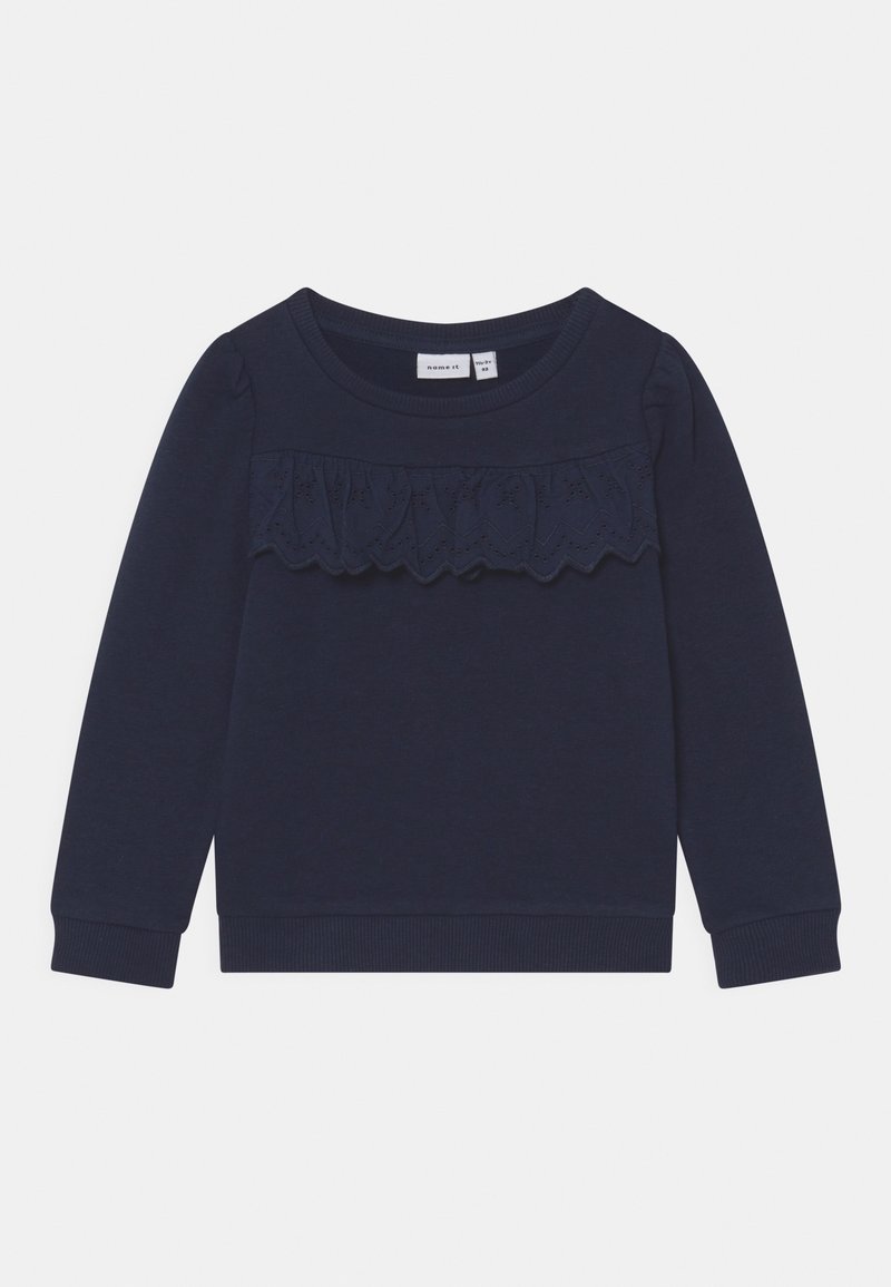 Sweat-shirt fille bleu marine à manches longues avec col rond et détail en dentelle froncée sur la poitrine.
