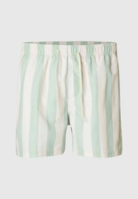 Hellgrüne und weiße gestreifte Badeshorts mit elastischem Bund und Kordelzug. Glatter Stoff, knielange Passform und Seitentaschen.