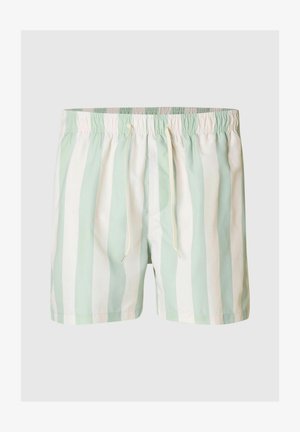 Heledad roheline ja valge triibuline ujumispüksid, millel on elastne vöökoht ja pael. Sile kangas, põlve pikkus ja küljetaskud.