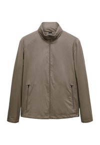 Braune, leichte Jacke mit hohem Kragen, Reißverschluss vorne und zwei seitlichen Taschen. Sie besitzt eine glatte, matte Textur und ein einfaches, elegantes Design.