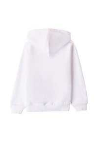 Sudadera blanca con mangas largas y capucha. Material de algodón suave, cuenta con puños y dobladillo acanalados, sin patrones visibles ni adornos.