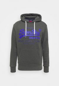 Felpa grigia realizzata in tessuto misto cotone. Presenta una tasca a marsupio frontale, cordini e un grande logo testuale blu a contrasto.