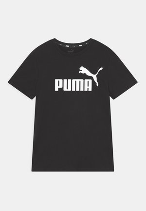 T-shirt nera in cotone, con logo "PUMA" bianco e silhouette di giaguaro sul fronte. Collo a giro classico e maniche corte.