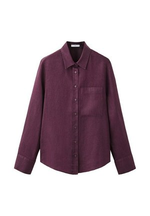Long-sleeve button-up shirt in dark plum with pointed collar and chest pocket, laid flat on a white background.