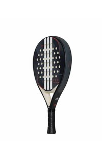 Racchetta da paddle bianca e nera con testa arrotondata, perforazioni, impugnatura testurizzata e tre strisce verticali bianche. Presenti dettagli rossi.