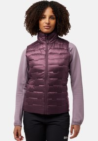 Paarse geïsoleerde vest met een gestructureerd patroon, hoge kraag en ritssluiting. Lange mouwen in een lichter paars, gecombineerd met donkere broeken.