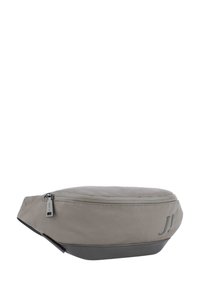 Šedá látková taštička s hladkým povrchem, s uzavíráním na zip a zakřiveným tvarem. Obsahuje tmavě šedé dno a decentní logo na boku.