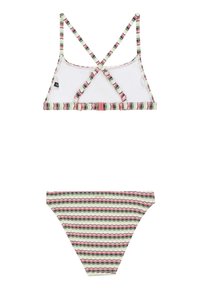 Bikini set s braletom koji ima prekrivena leđa. Gornji deo se sastoji od bijele tkanine s više boja trakom. Donji deo ima zelene, ružičaste i crne valovite pruge.