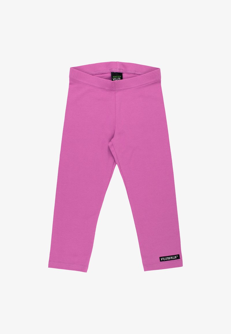 Leggings in cotone organico rosa con un design aderente, cintura e una piccola etichetta nera con la scritta "VILDERVALA" all'orlo.