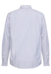 Gestreiftes Langarmhemd in Hellblau und Weiß, mit einem Button-Down-Kragen, Rückenschößen und knöpfbaren Manschetten. Glatte Stofftextur.