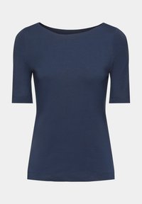 Chemise cintrée bleu marine à manches courtes avec un col rond et un design uni, présentée sur fond blanc.