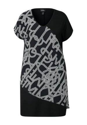 Tunique noire avec un col en V, présentant un motif géométrique blanc sur le côté gauche et un noir uni sur le côté droit. Tissu doux et léger.