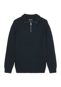 Dark navy knitted pullover with a zip collar, featuring a textured pattern and long sleeves. The fabric appears soft and warm.