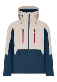 Marineblauwe en beige hoodie met ritszakken, ademende details, een twee-kleurig ontwerp en verstelbare manchetten. Weerbestendig materiaal.