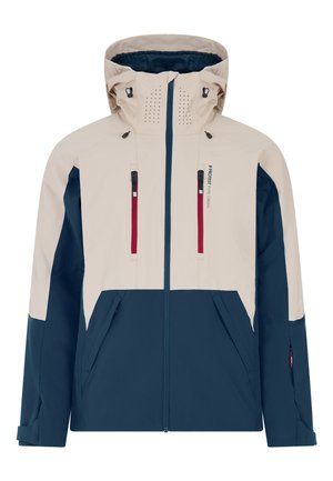 Marineblauwe en beige hoodie met ritszakken, ademende details, een twee-kleurig ontwerp en verstelbare manchetten. Weerbestendig materiaal.