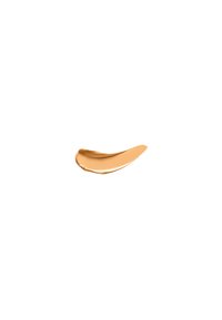 Satin bronzer swatch, lys varm gylden beige, glat tekstur, buet form med en blank finish, vist på en hvid baggrund.