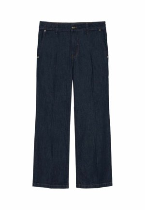 Jeans denim dritti color blu scuro con tasche anteriori, passanti per cintura e chiusura con bottone.