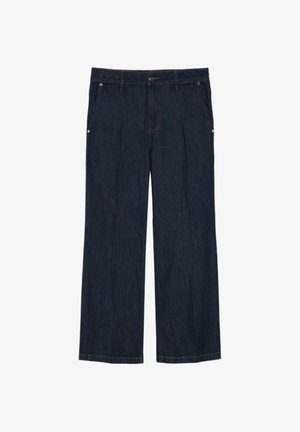 Jeans denim dritti color blu scuro con tasche anteriori, passanti per cintura e chiusura con bottone.