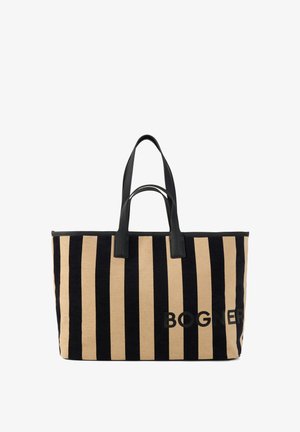 Czarna i beżowa torba na ramię w paski z mocnymi czarnymi skórzanymi uchwytami oraz nadrukowanym logo z przodu. Teksturowane materiałowe body.