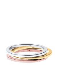 Tre stapelringe i sølv, guld og rosaguld. Fremstillet af 925 sterling sølv, har de glatte, polerede overflader og en cirkulær form.