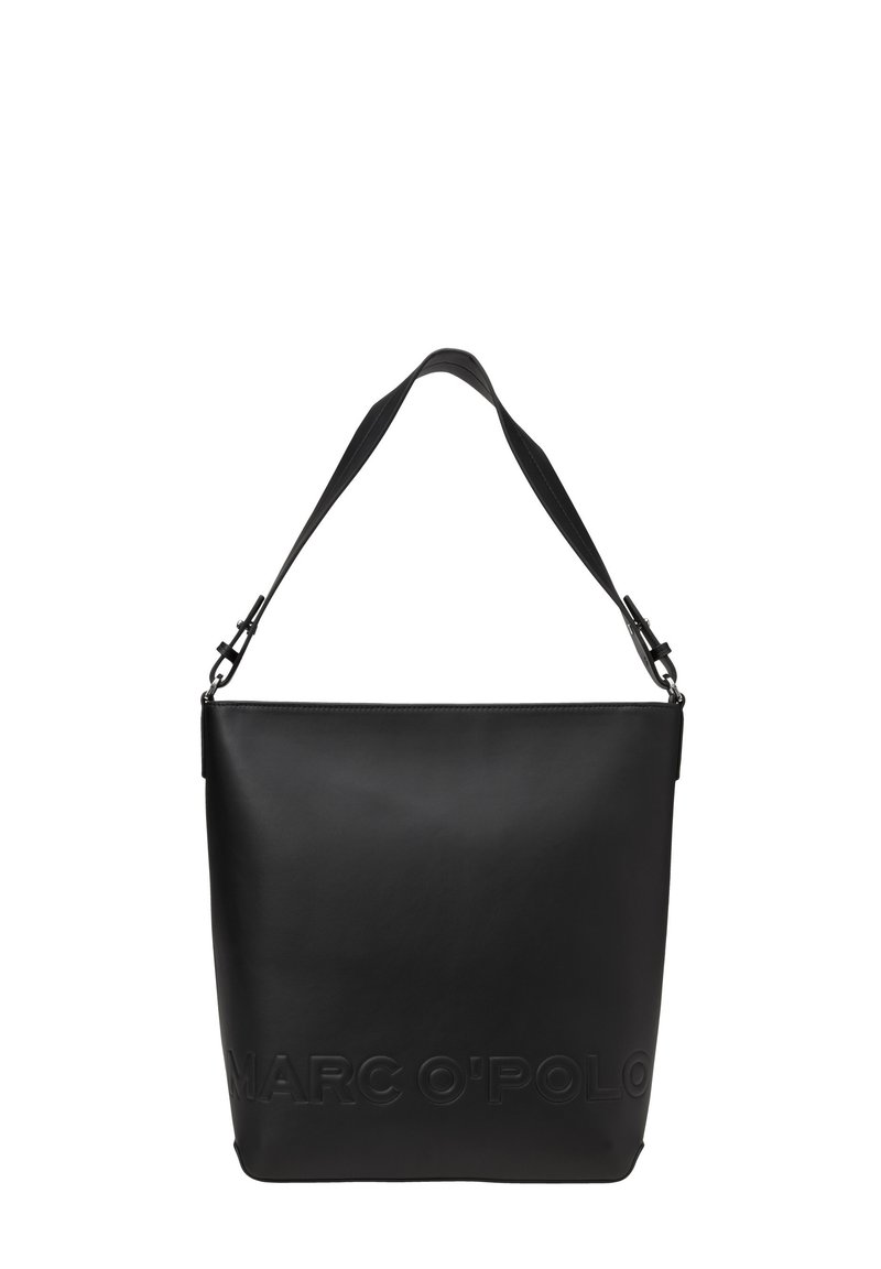 Borsa a tracolla in pelle nera con tracolla regolabile, forma strutturata, dettaglio del logo impresso sul davanti e superficie liscia.