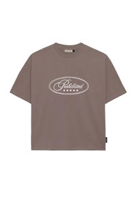 Brown cotton t-shirt with short sleeves and a crew neck. Features white "Prohibited" text and five stars within an oval design.