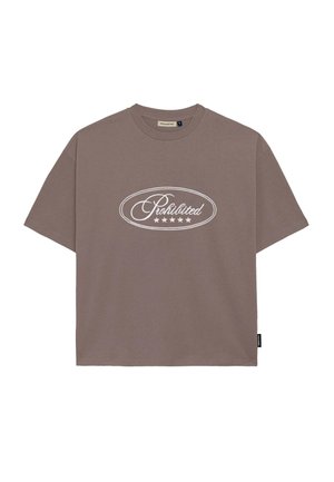Brown cotton t-shirt with short sleeves and a crew neck. Features white "Prohibited" text and five stars within an oval design.