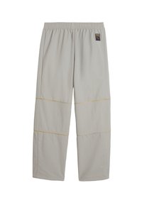 Jasnoszare spodnie typu wide-leg z elastyczną talią, z żółtym akcentem w szwach i dwoma poziomymi wzorami panelowymi. Miękki, lekki materiał.