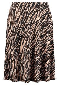 Svart och beige tigerrandig kjol, tillverkad av lättviktig tyg med en utsvängd design, som har veck för extra volym. Slät textur.