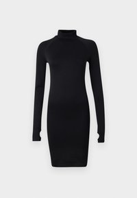 Melna pieguļoša kleita ar augstu zoda apkakli, garām raglanu piedurknēm un riboto apdari pie aprocēm. Izgatavota no gludas, elastīgas auduma.