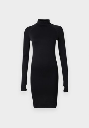 Black fitted dress with a high turtleneck, long raglan sleeves, and ribbed detailing at the cuffs. Made of smooth, stretchy fabric.