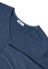 Maglione blu a collo a V realizzato in tessuto morbido e testurizzato. Presenta polsini e orlo a costine, con un'etichetta "CECIL" ricamata sul colletto.