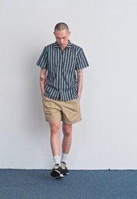 Camisa de mangas curtas às riscas em verde escuro e branco, combinada com calções beges. Ténis, meias brancas e tatuagens são visíveis. Fundo simples.