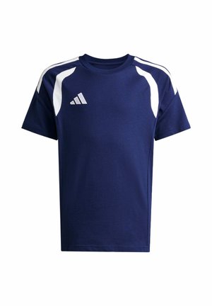 Granatowa sportowa koszulka z krótkim rękawem, białymi paskami na ramionach i logo Adidas na lewej piersi.